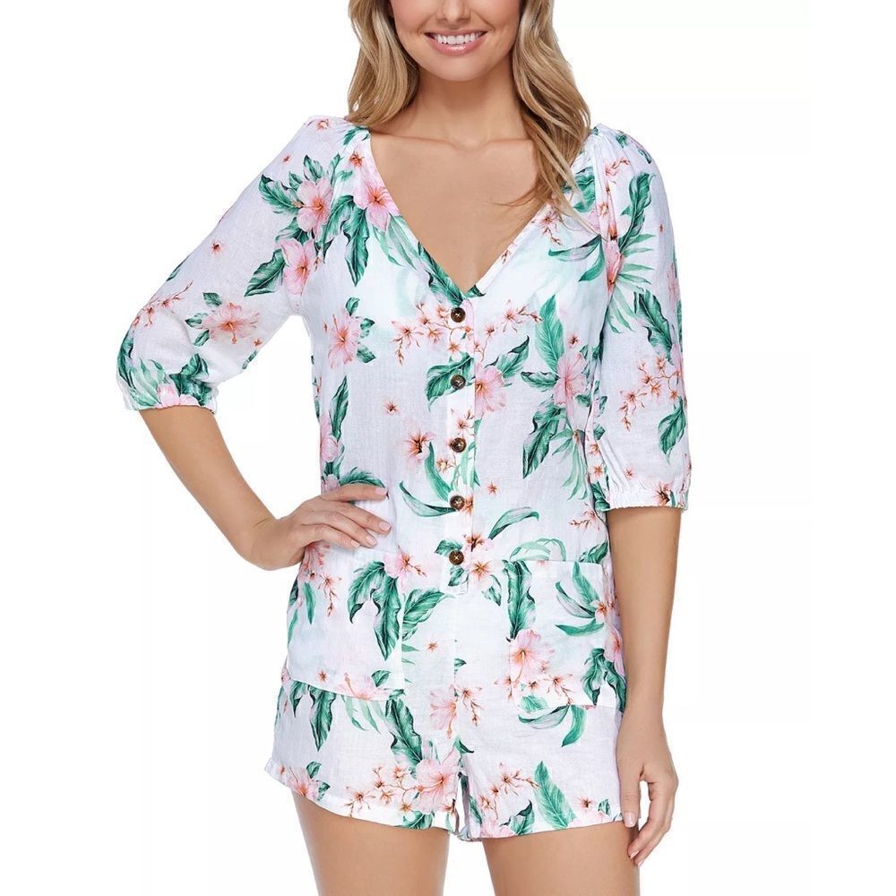 Raisins Juniors' Aloha Nights Key West Romper Cover-Up White Medium NWT